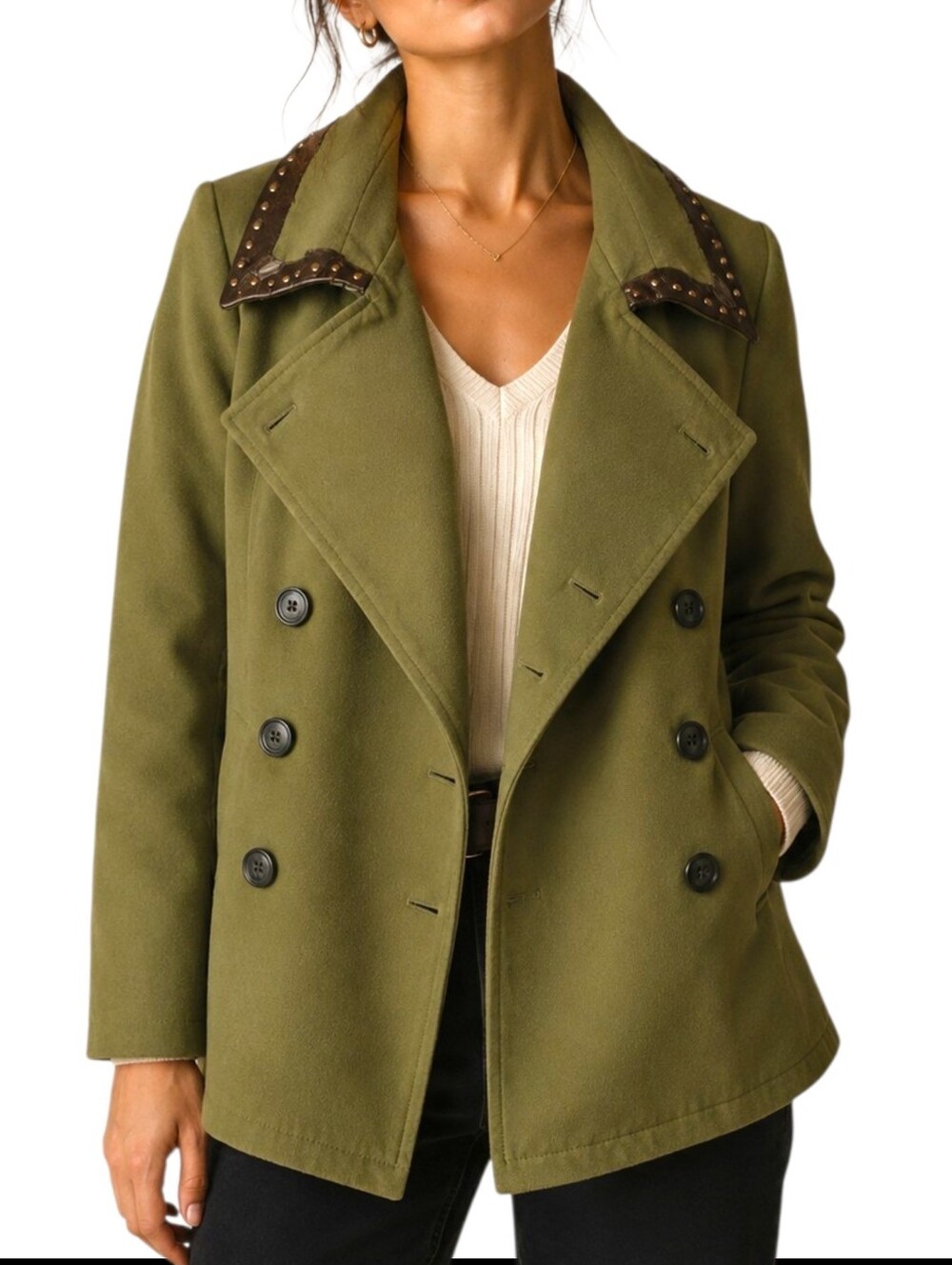 Realzz Official Olv Grn Military Peacoat Studded Satin Collar Double Breasted L